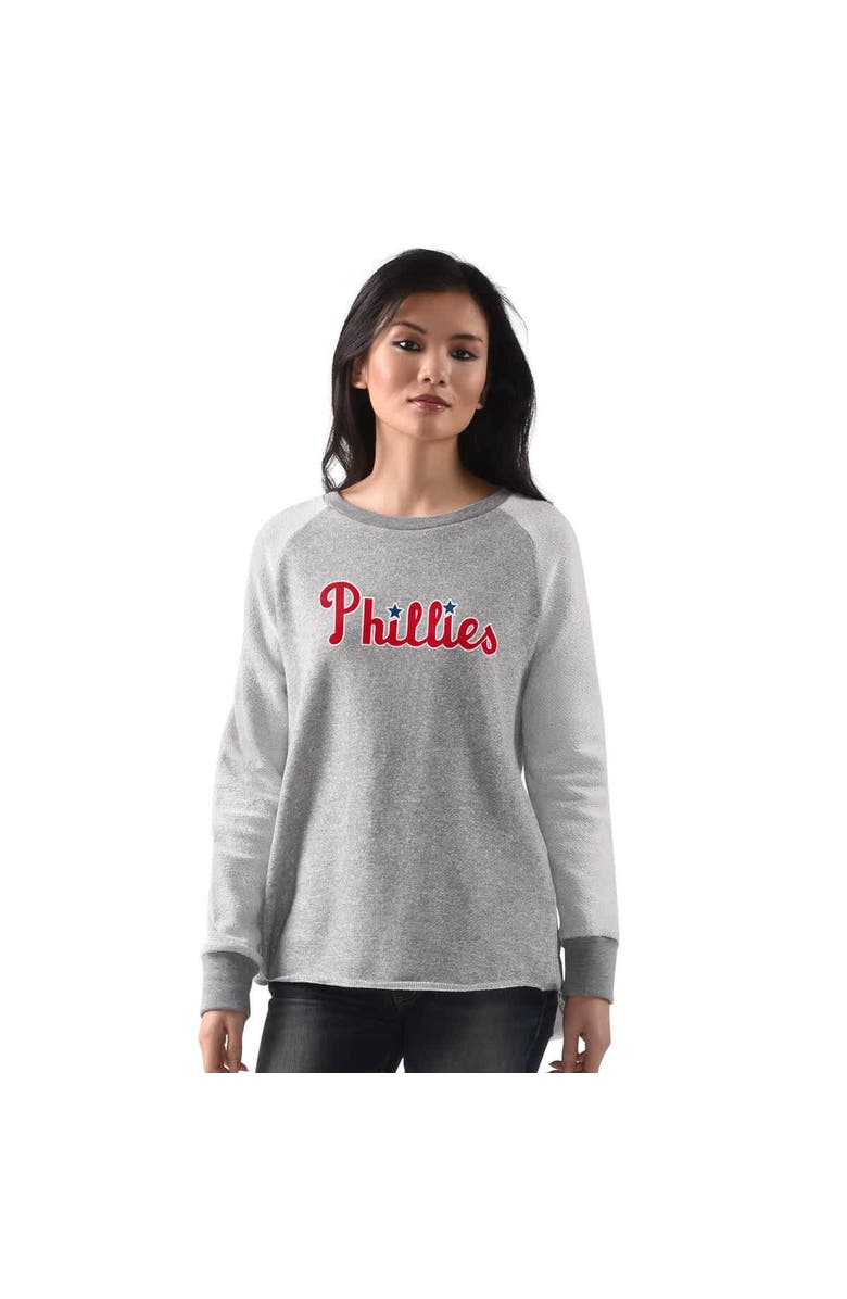 G-III 4HER BY CARL BANKS Women's G-III 4Her by Carl Banks Heather Gray Philadelphia Phillies Gridiron Raglan Pullover Sweatshirt, Main, color,