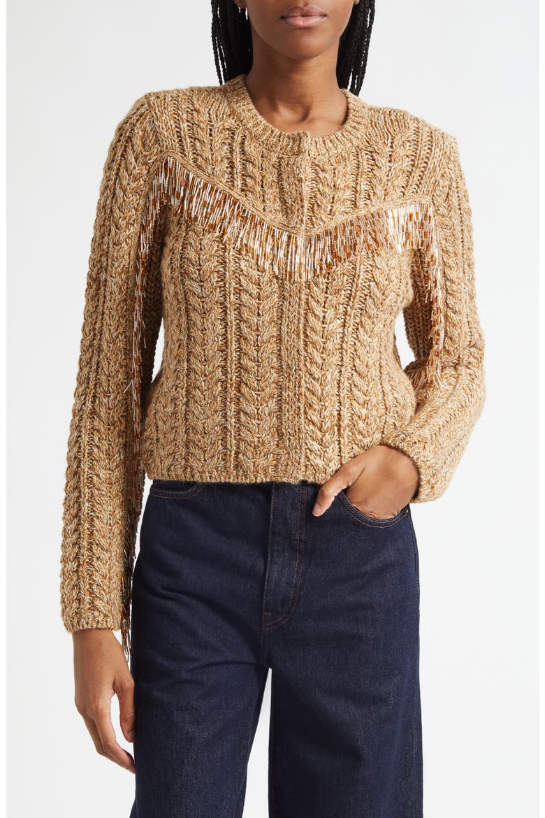 Mélange Bead Fringe Accent Cable Crewneck Sweater, Main, color, OATMEAL MULTI