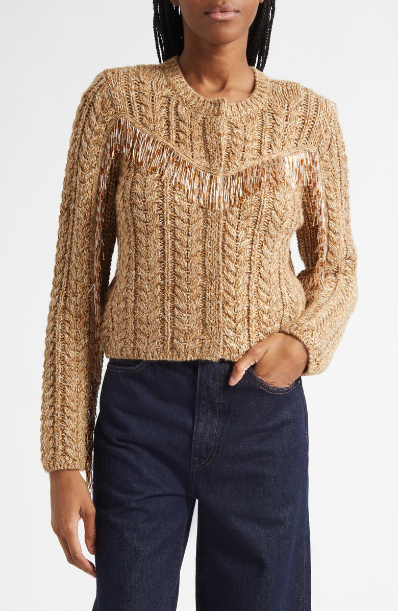 Cinq à Sept Mélange Bead Fringe Accent Cable Crewneck Sweater, Main, color, Oatmeal Multi