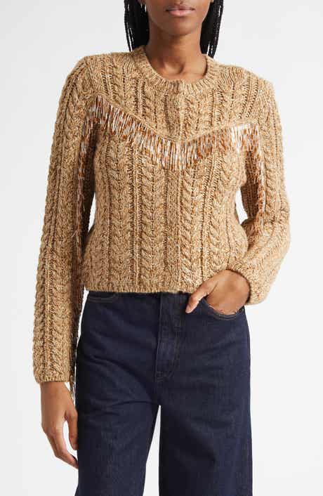 Cinq à Sept Mélange Bead Fringe Accent Cable Crewneck Sweater