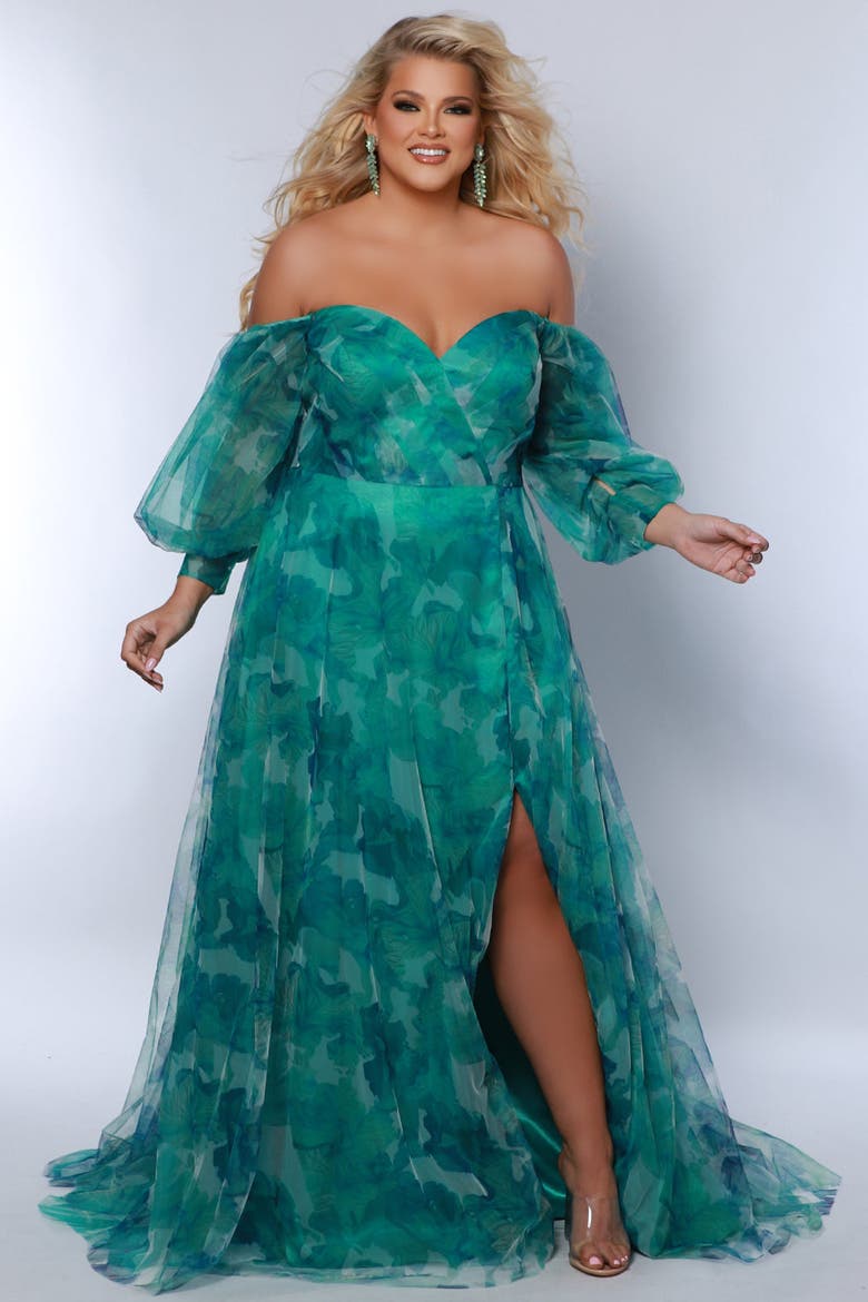Floral Strapless Sweetheart Neckline Plus Size A-Line Gown, Main, color, Green Floral