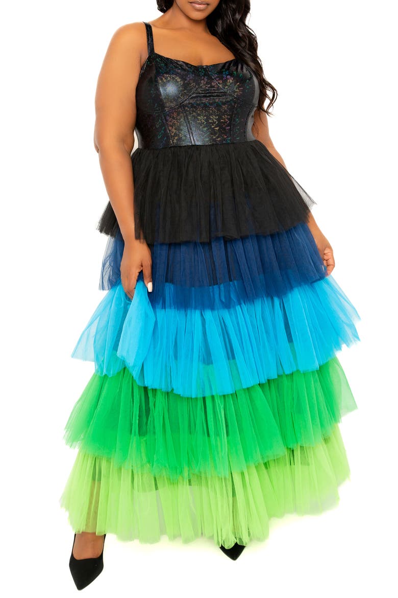 Colorful Tiered Faux Leather & Tulle Maxi Dress, Alternate, color, BLUE MULTI
