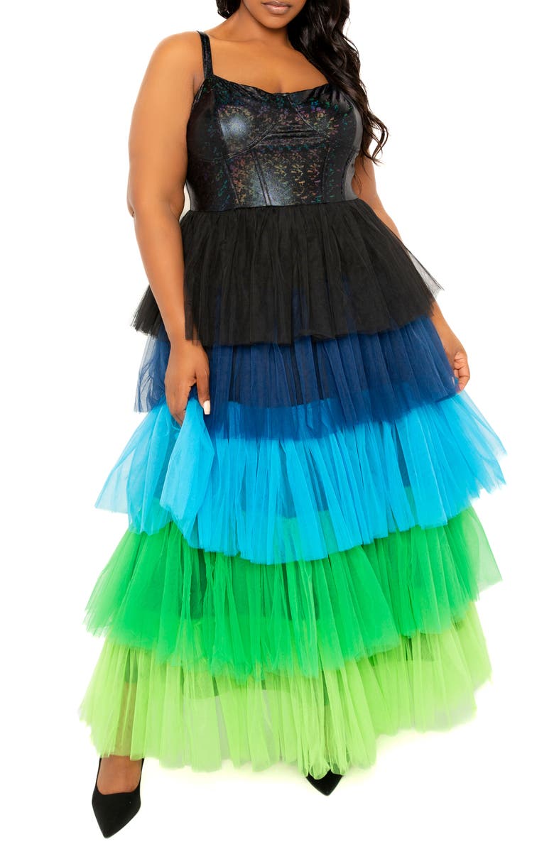 BUXOM COUTURE Colorful Tiered Faux Leather & Tulle Maxi Dress, Alternate, color, 