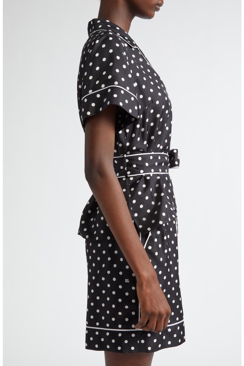 Polka Dot Belted Silk Pajama Shirt, Alternate, color, NERO