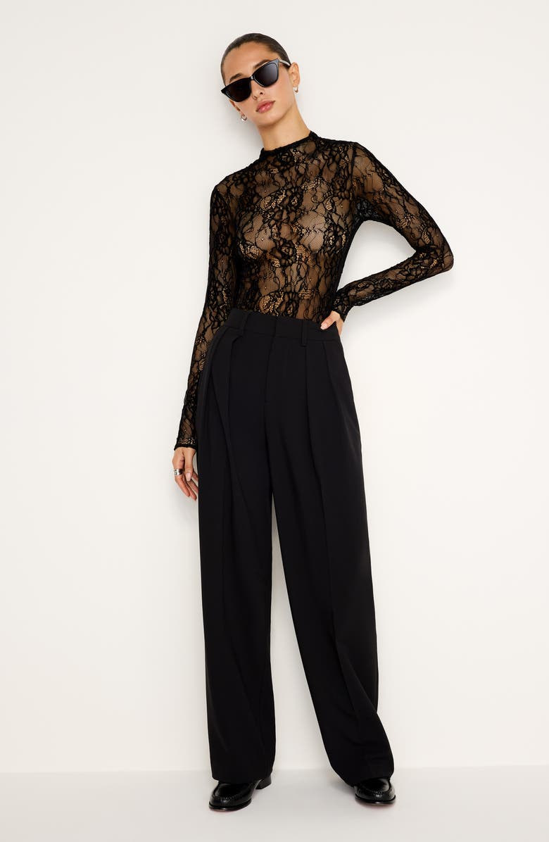 Good American Sheer Lace Mock Neck Long Sleeve Bodysuit, Alternate, color, Black001