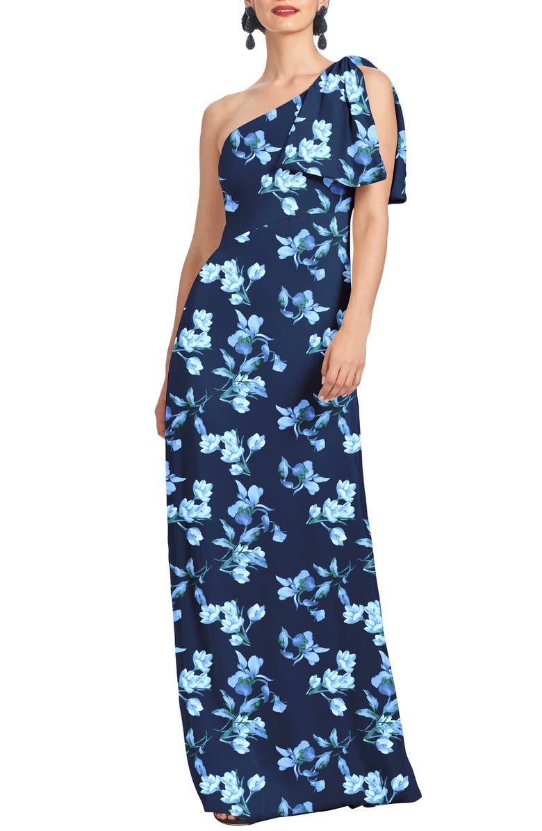 Sachin & Babi Chelsea Floral Print One-Shoulder Georgette Gown, Main, color, Night Sky Venetian Petal