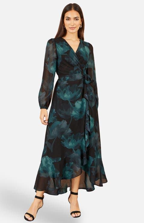 Floral Dipped Hem Wrap Midi Dress