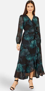 Yumi Floral Dipped Hem Wrap Midi Dress