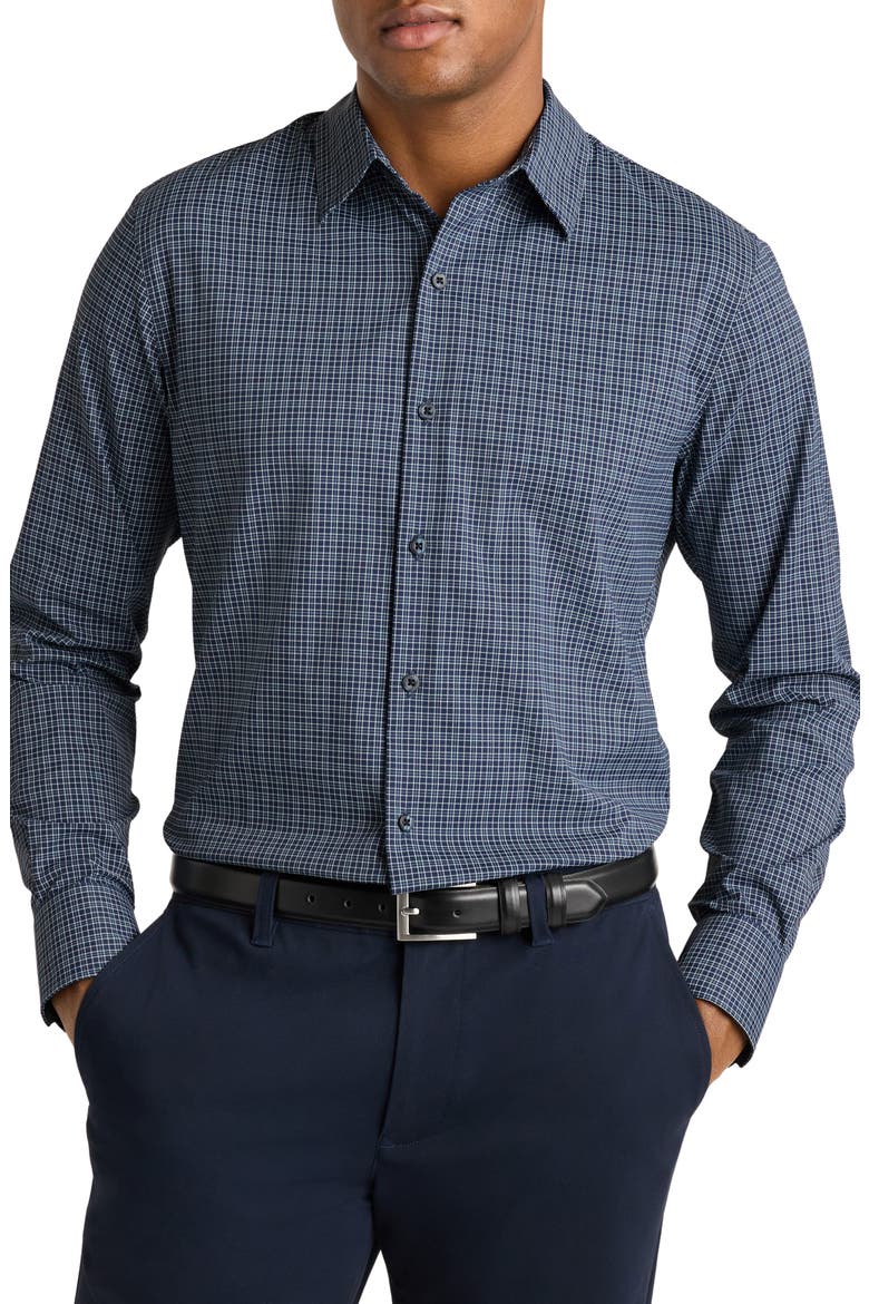 Tech Slim Fit Plaid Performance Button-Up Shirt, Main, color, NAVY GREENLAND PLAID