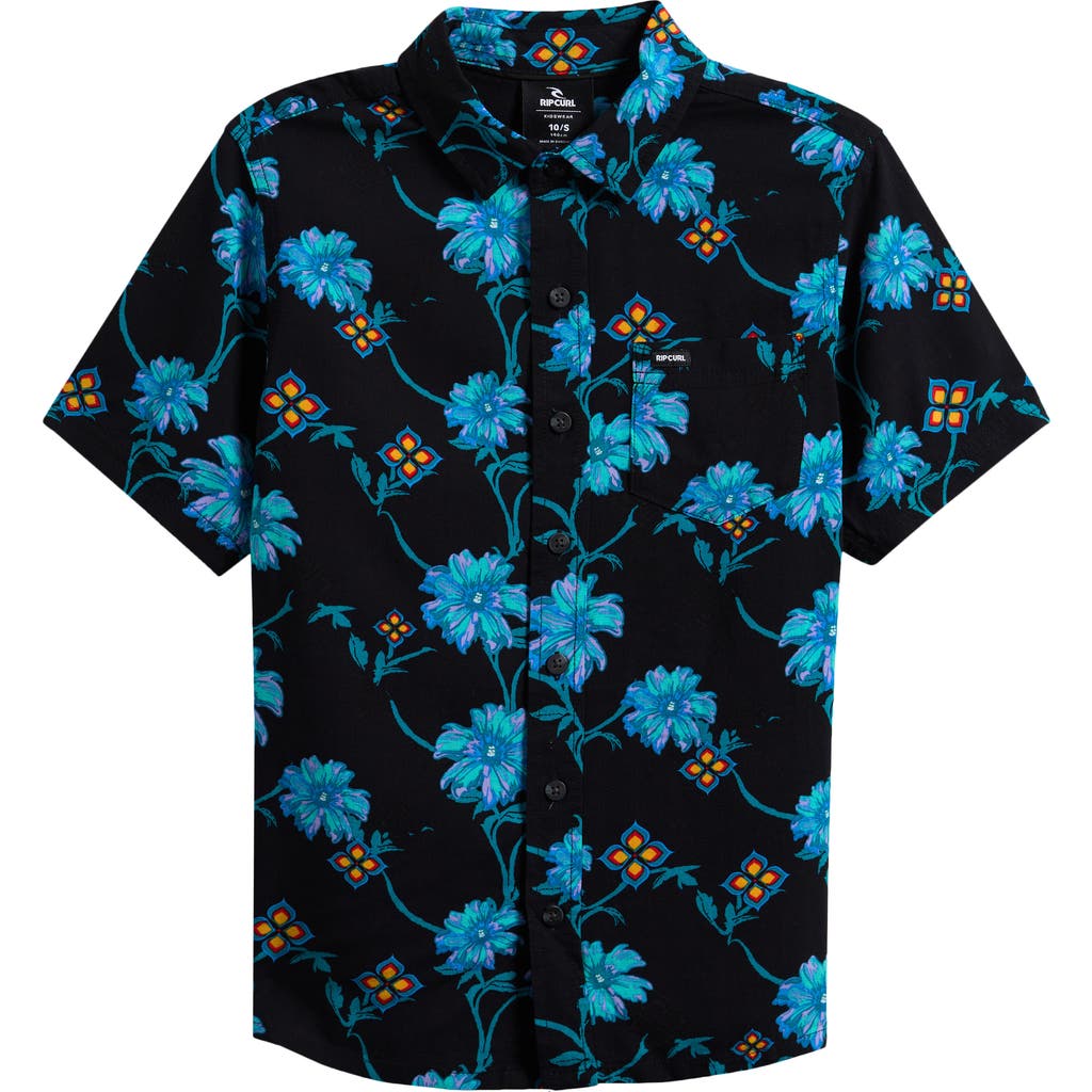Rip Curl Kids' Surf Revival Floral Short Sleeve Viscose Button-up Shirt In Black