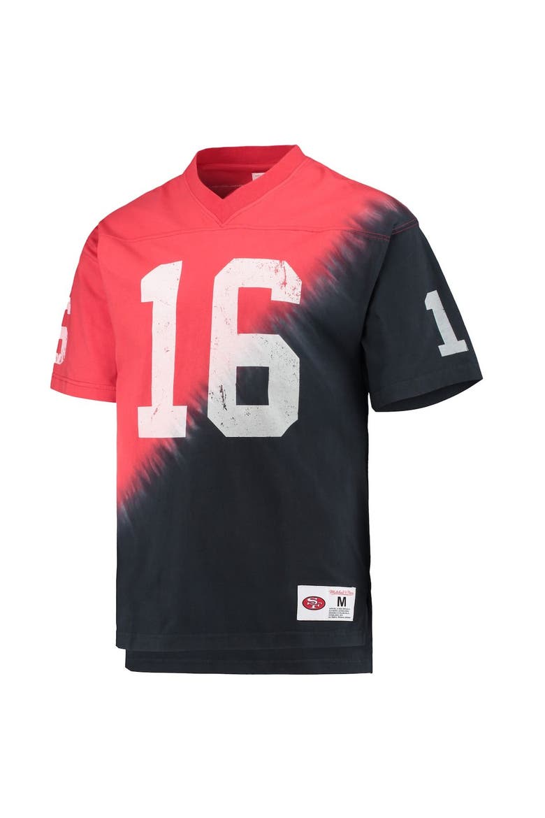 Men's Mitchell & Ness Joe Montana Black/Red San Francisco 49ers Retired Player Name & Number Diagonal Tie-Dye V-Neck T-Shirt, Alternate, color, Black