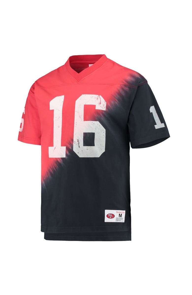Mitchell & Ness Men's Mitchell & Ness Joe Montana Black/Red San Francisco 49ers Retired Player Name & Number Diagonal Tie-Dye V-Neck T-Shirt, Alternate, color, Black