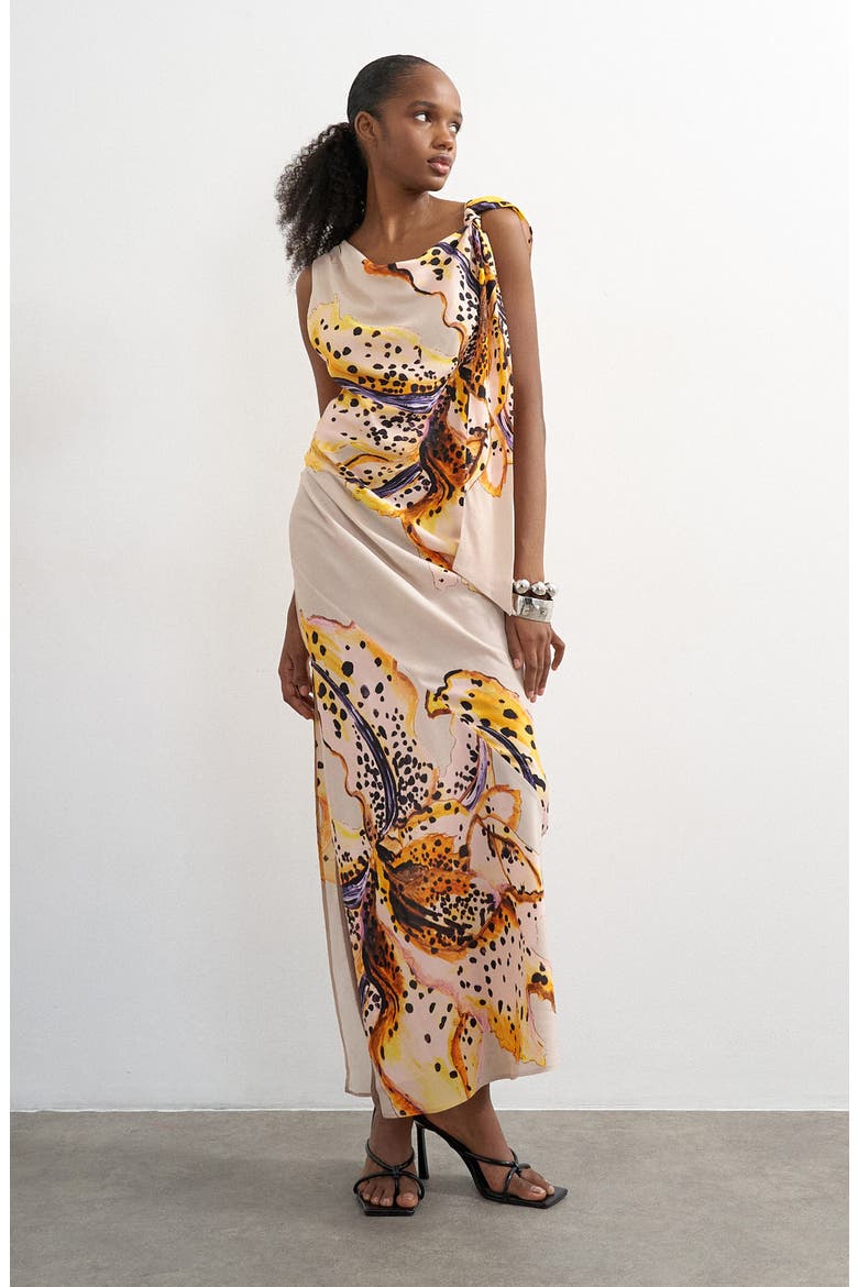 Print Side Drape Sleeveless Maxi Dress, Main, color, BLACK
