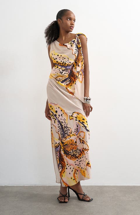 Print Side Drape Sleeveless Maxi Dress