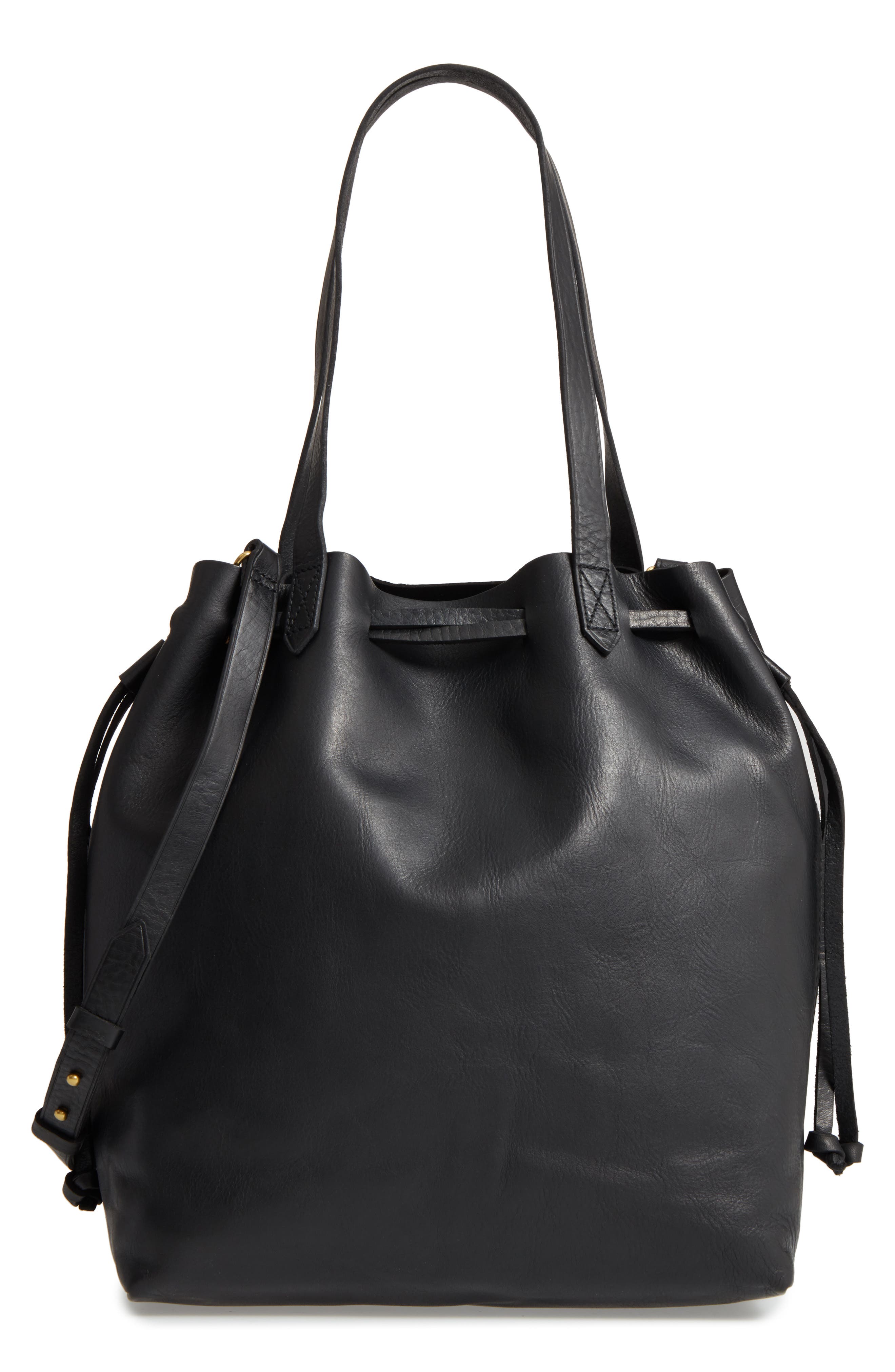 Madewell Medium Drawstring Transport Leather Tote, Main, color, 