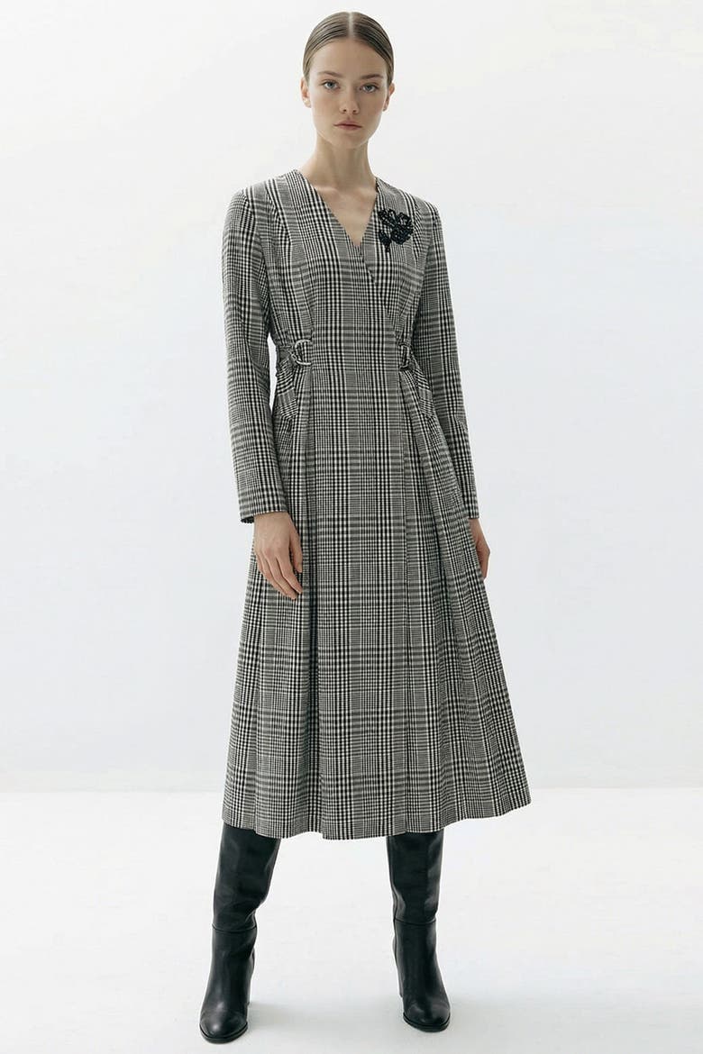 Notched Lapel Plaid Wrap Midi Dress, Alternate, color, BLACK-WHITE