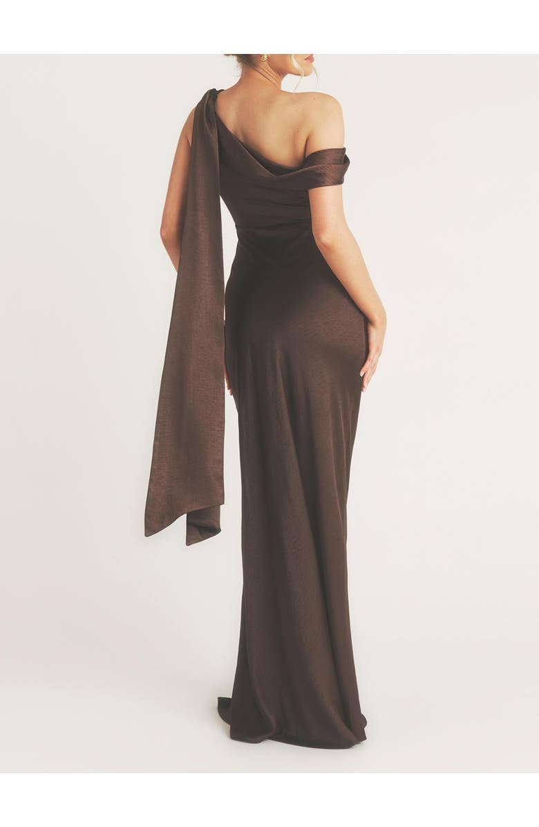 Six Stories One Shoulder Drape Bridesmaid Dress, Alternate, color, Chocolate