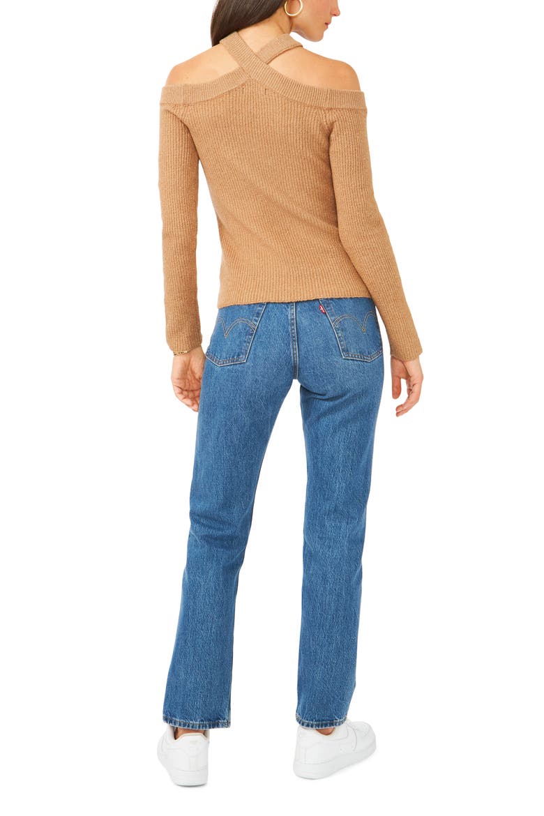Cross Neck Cold Shoulder Cotton Blend Sweater, Alternate, color, WILD OAK