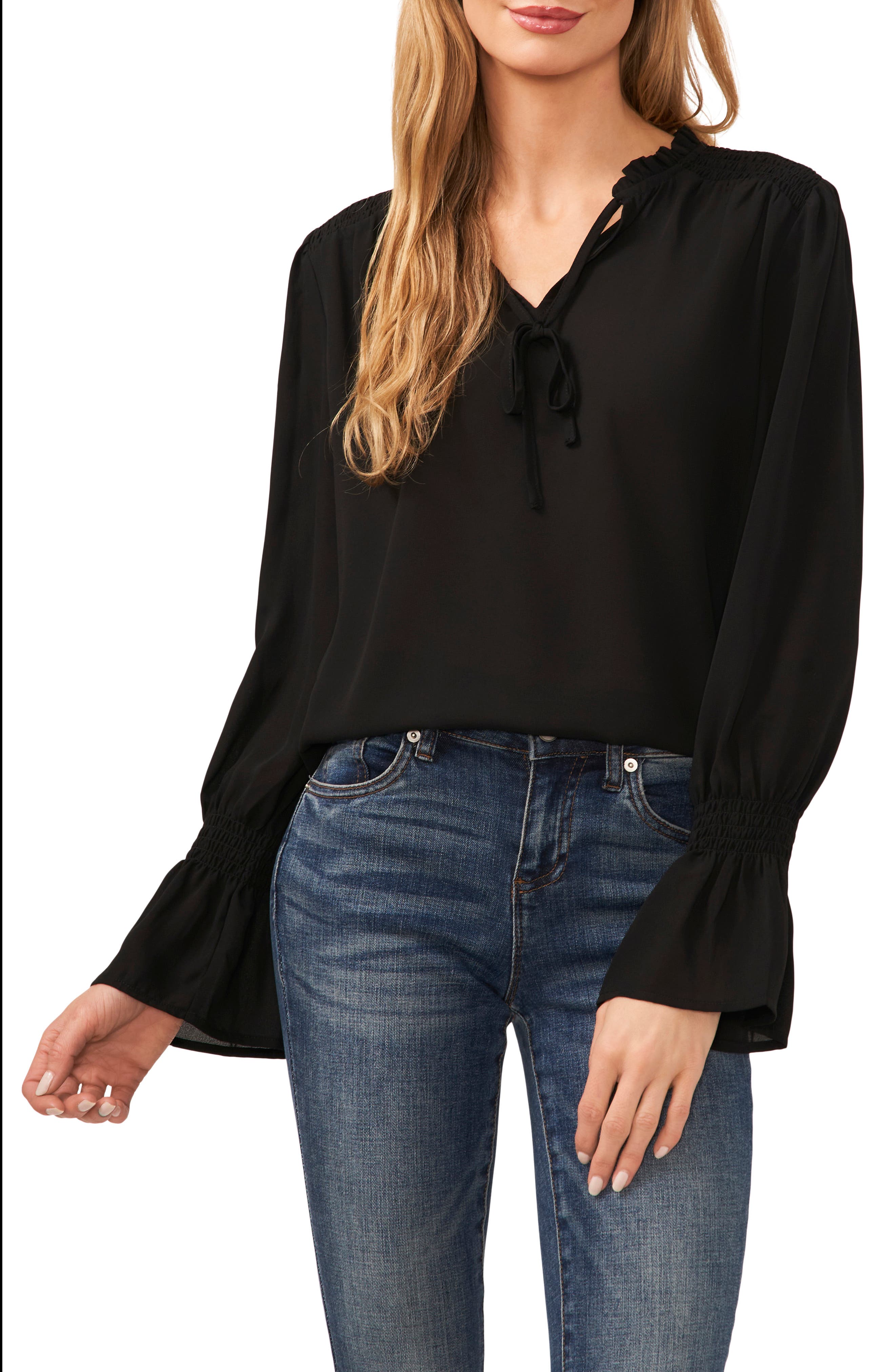 CeCe Tie Neck Ruffle Cuff Long Sleeve Top