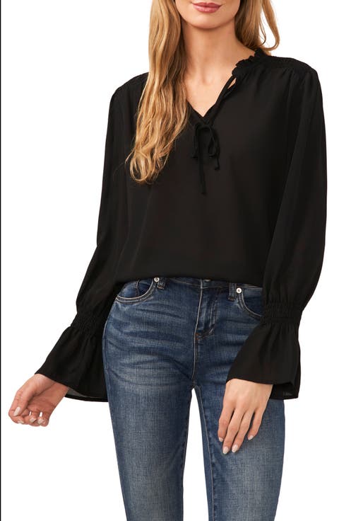 Tie Neck Ruffle Cuff Long Sleeve Top