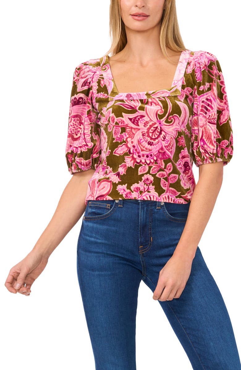 CeCe Floral Stretch Velvet Square Neck Top, Main, color, 