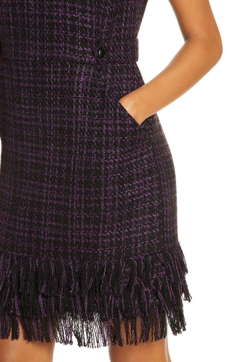 Forest Lily Tiered Fringe Bouclé Sheath Dress, Alternate, color, 