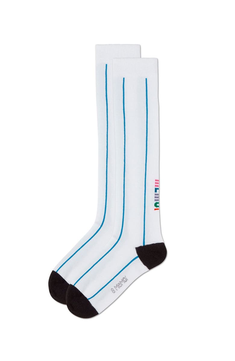 MeMoi Sporty Stretch Logo Vertical Stripe Knee Sock, Alternate, color, White