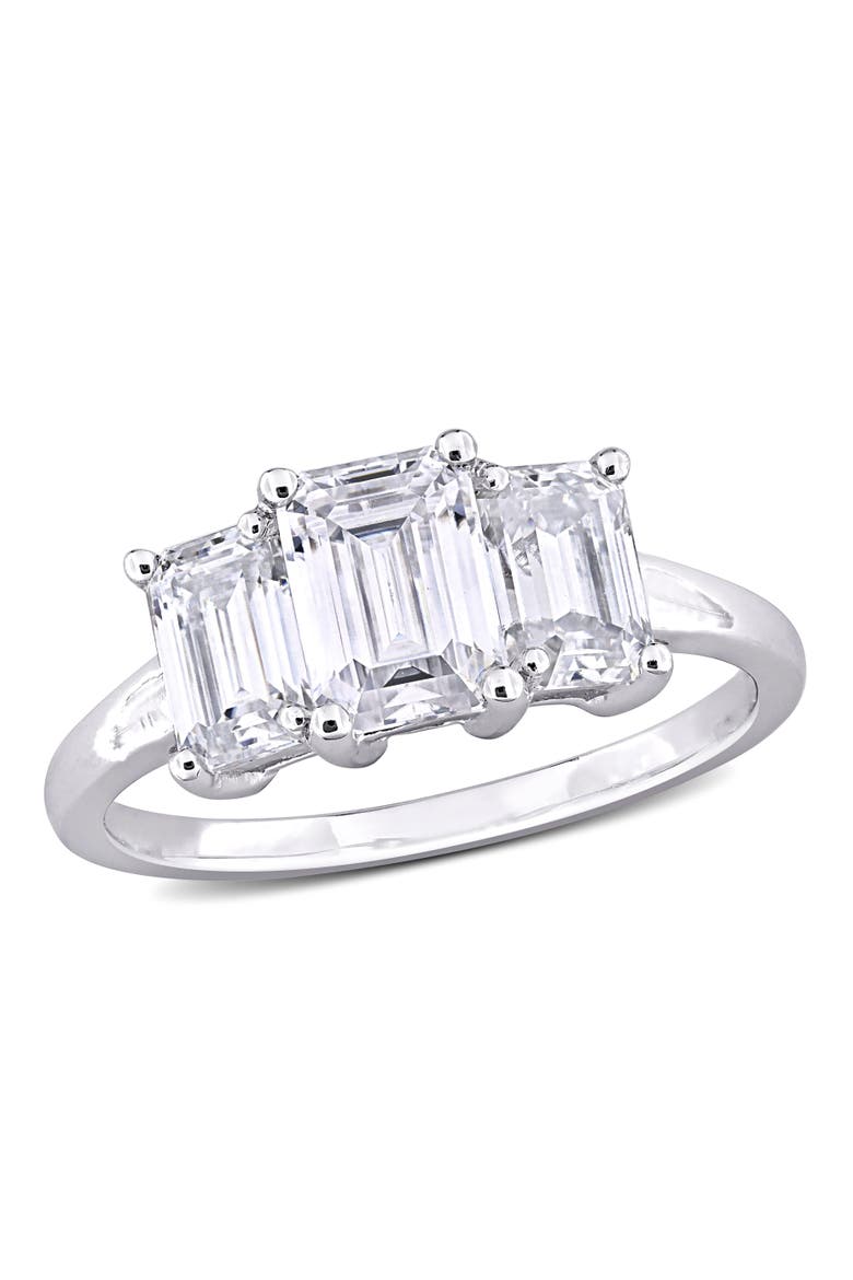 Emerald-cut Moissanite 3-Stone Ring, Main, color, Sterling Silver
