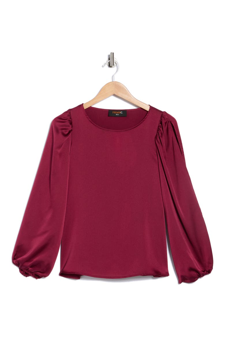 Cutout Long Sleeve Satin Top, Alternate, color, BURGUNDY