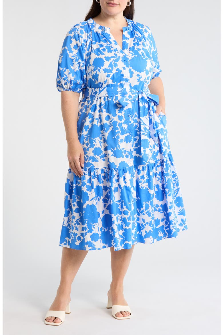 Marinelle Floral Wynette Cotton Tiered Midi Shirtdress, Main, color, WHITE-MED BLUE