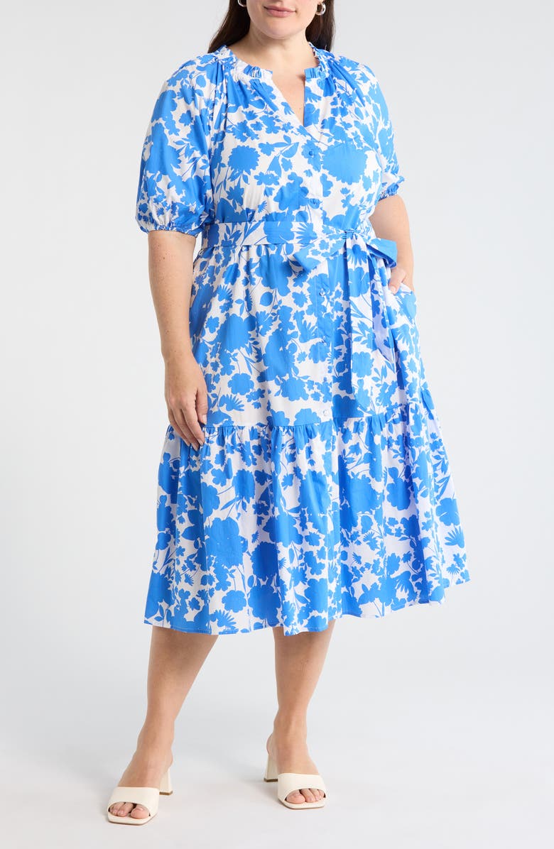 SUGARLIPS Marinelle Floral Wynette Cotton Tiered Midi Shirtdress, Main, color, White-Med Blue