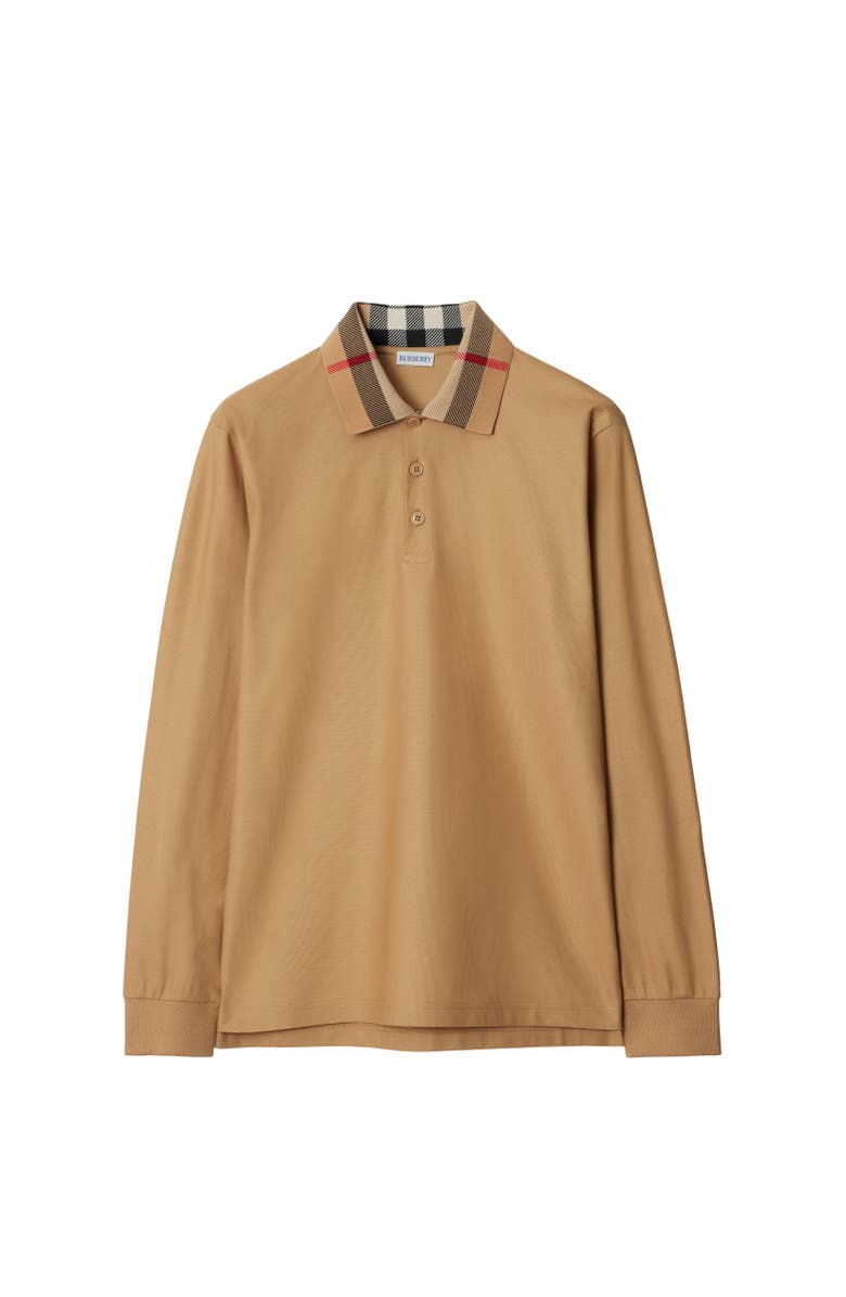 Burberry Long-sleeve Check Collar Cotton Polo Shirt, Alternate, color, Archive Beige