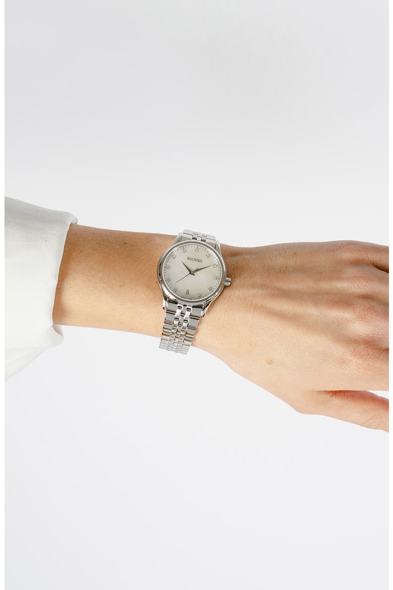Beleganza Mother-of-Pearl & Diamond Bracelet Watch, 32mm, Alternate, color, STAINLESS STEEL