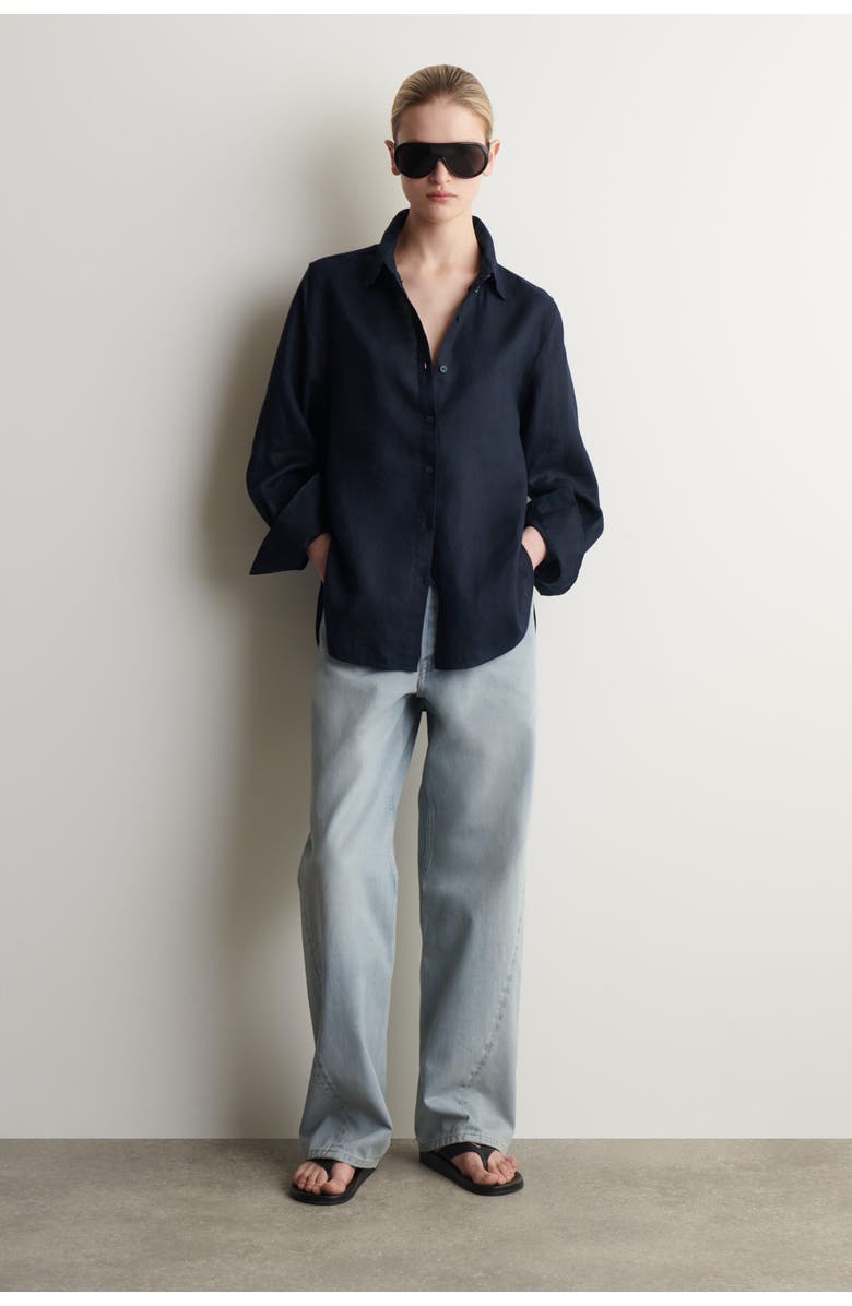 COS Button-down Collar Linen Shirt, Alternate, color, Navy