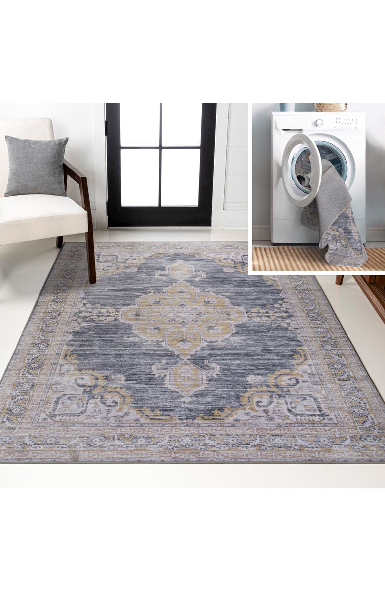 JONATHAN Y Wincer Chenille Cottage Medallion Machine-Washable Area Rug, Main, color, Dark Gray/Yellow