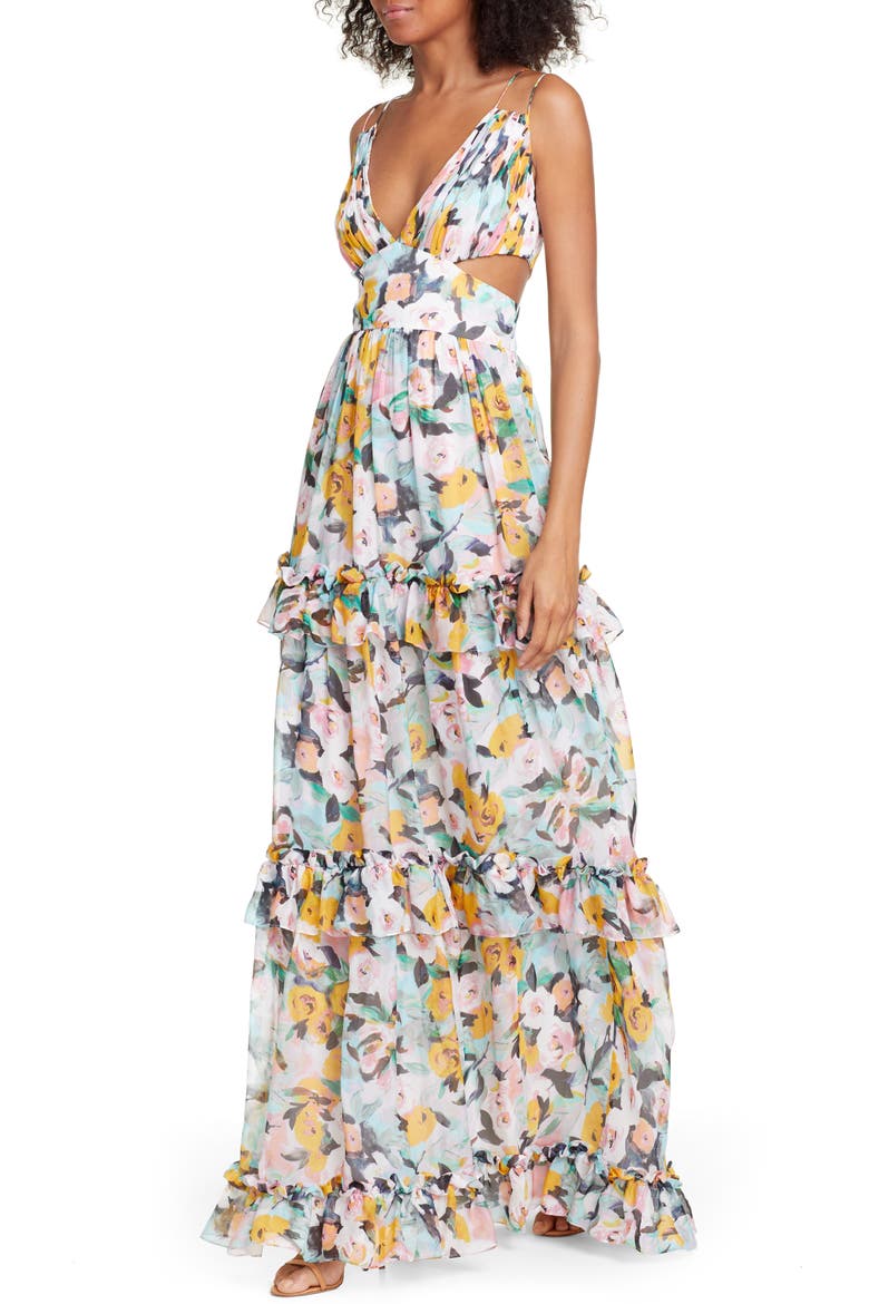 Drew Floral Print Evening Dress, Alternate, color, AQUA