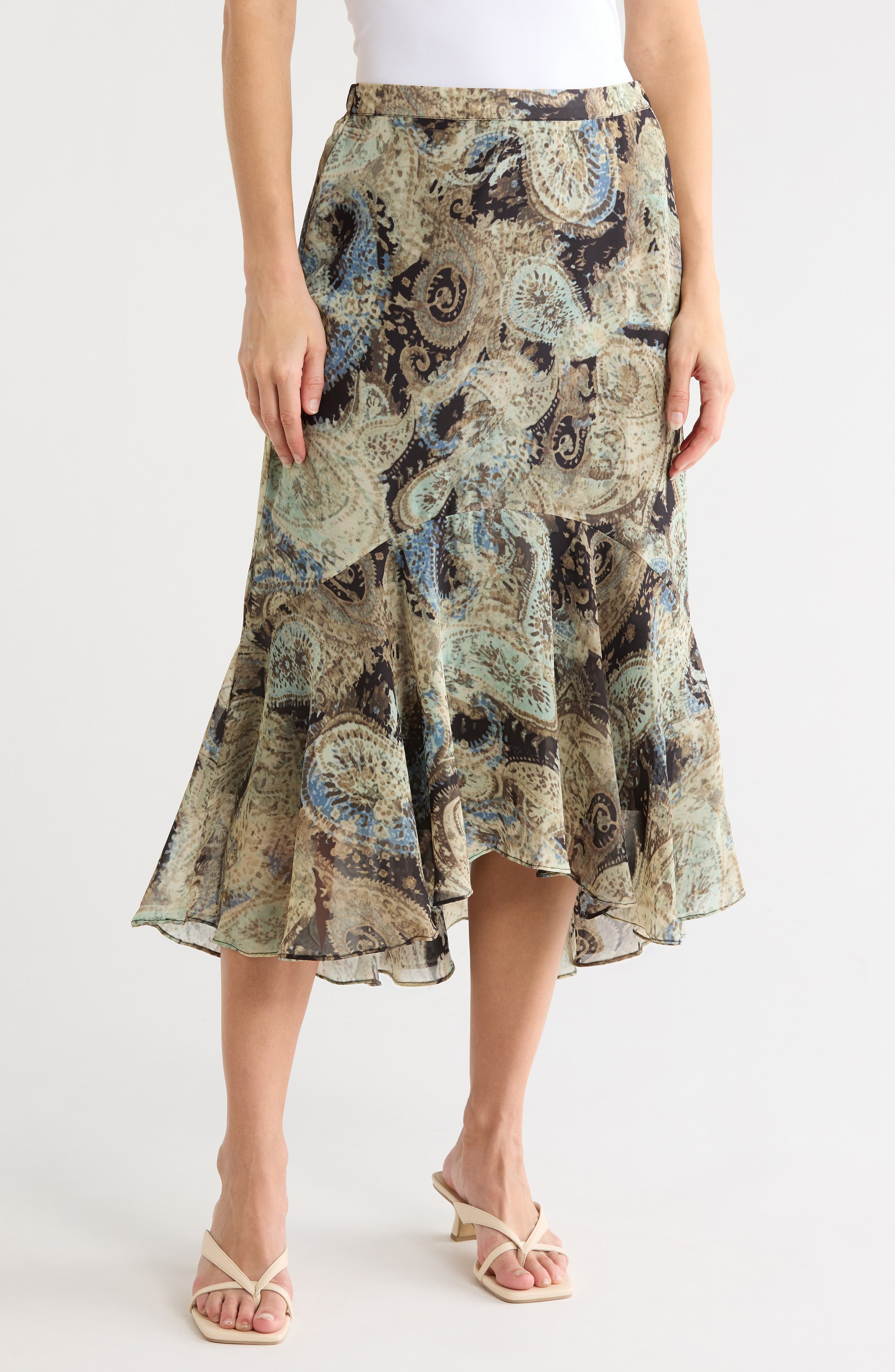 Paisley Ruffle Hem High-Low Skirt
