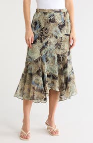 T Tahari Paisley Ruffle Hem High-Low Skirt