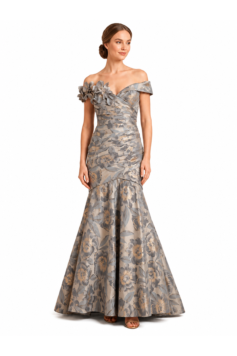 Off Shoulder Brocade Mermaid Gown, Alternate, color, Grey Gold