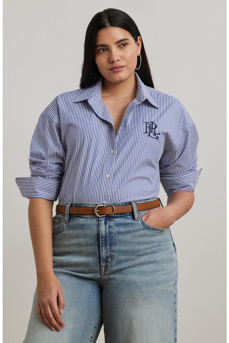 Embroidered Logo Detail Stripe Stretch Cotton Button-Up Shirt, Alternate, color, BLUE/ WHITE