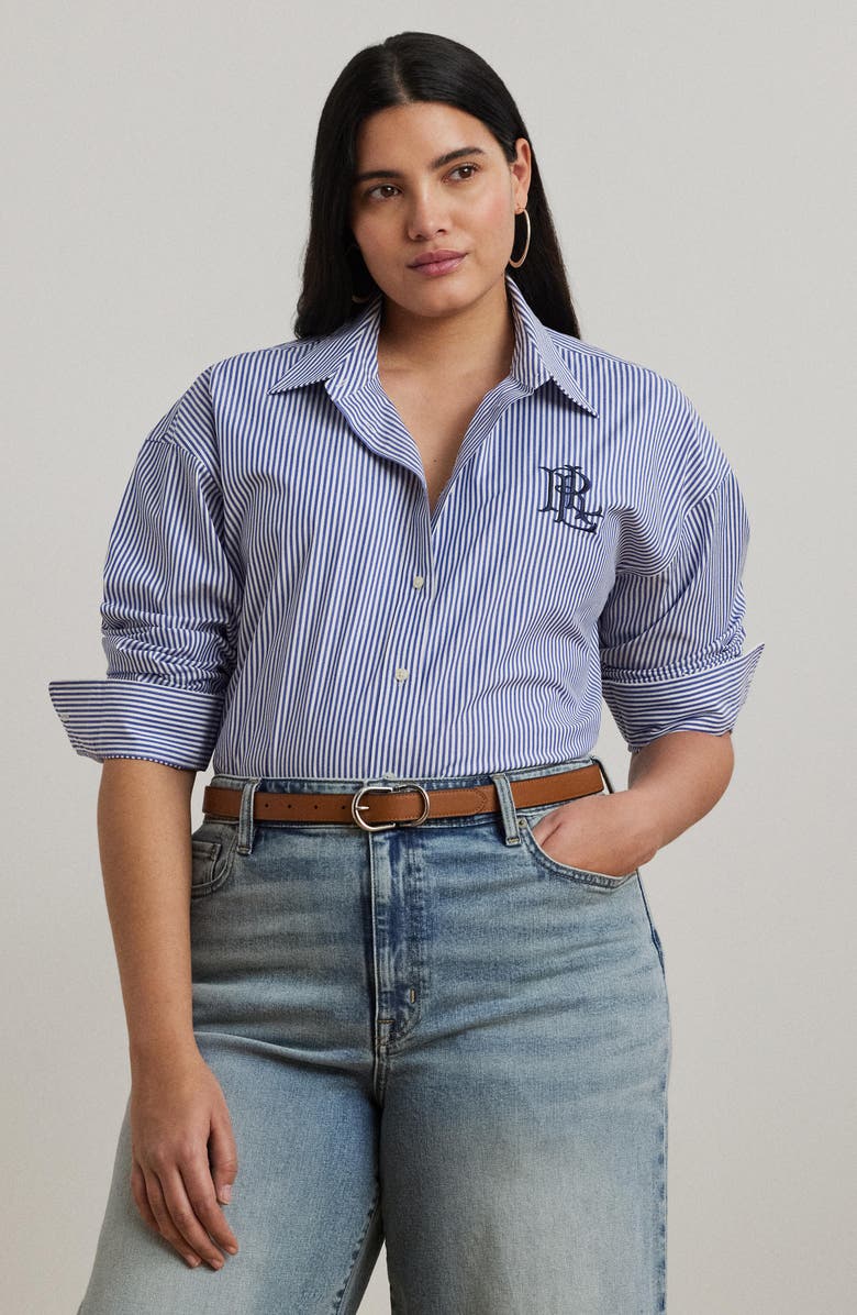 Lauren Ralph Lauren Embroidered Logo Detail Stripe Stretch Cotton Button-Up Shirt, Alternate, color, Blue/ White