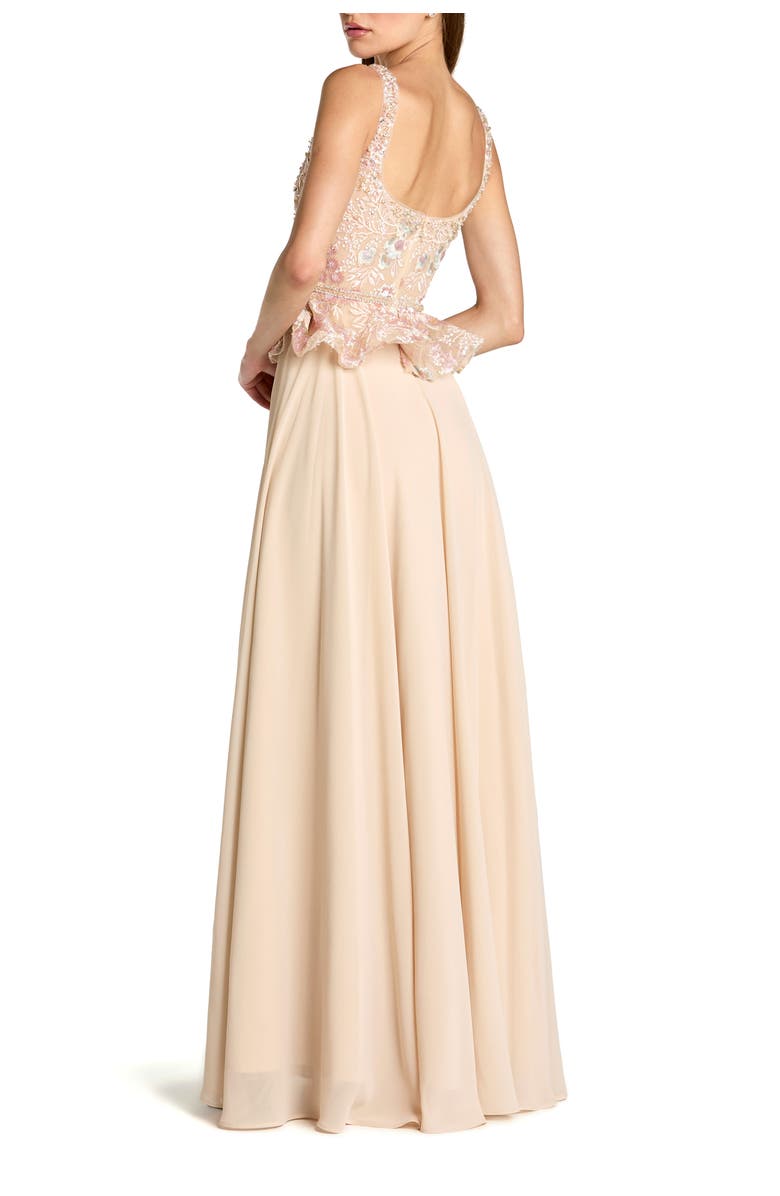 Mac Duggal Petite Embroidered Peplum Top With Chiffon Skirt Gown, Alternate, color, Champagne