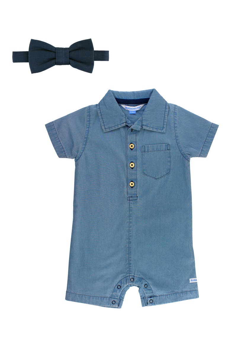 Chambray Romper & Bow Tie Set, Main, color, DENIM