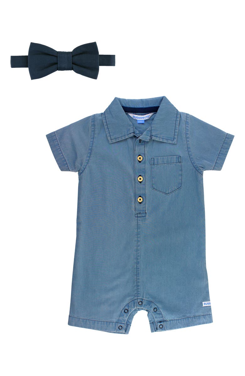 RuggedButts Chambray Romper & Bow Tie Set, Main, color, 