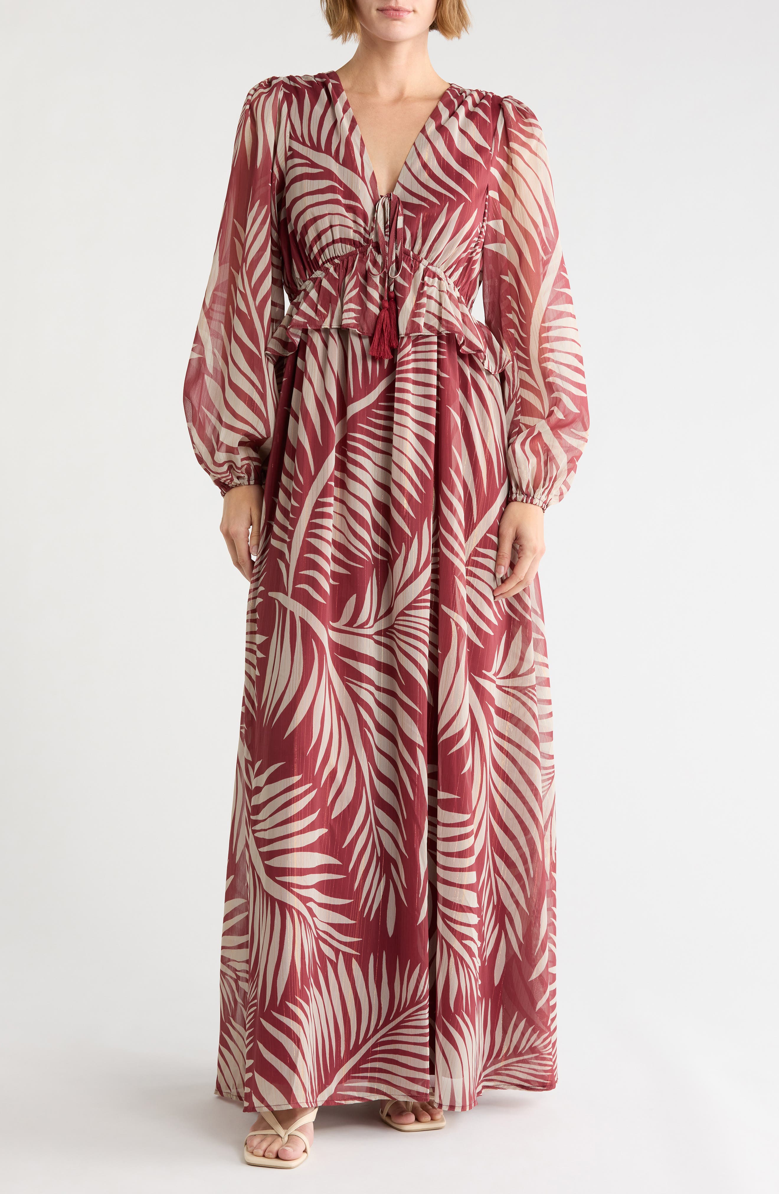 Palm Print Long Sleeve Chiffon Maxi Dress