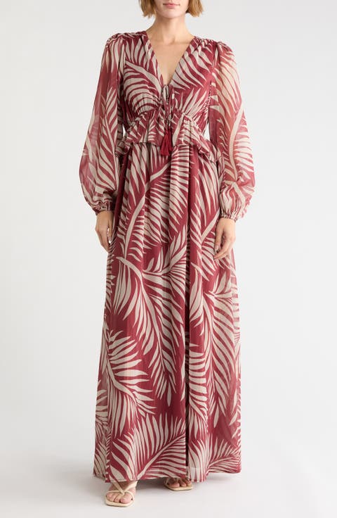 Palm Print Long Sleeve Chiffon Maxi Dress