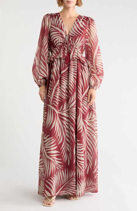 Palm Print Long Sleeve Chiffon Maxi Dress