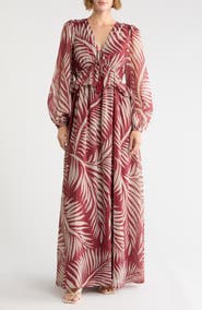 FLYING TOMATO Palm Print Long Sleeve Chiffon Maxi Dress