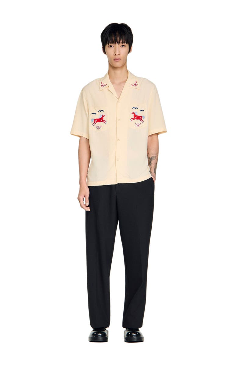 SANDRO Embroidered horse loose-fit shirt, Alternate, color, Butter Cream