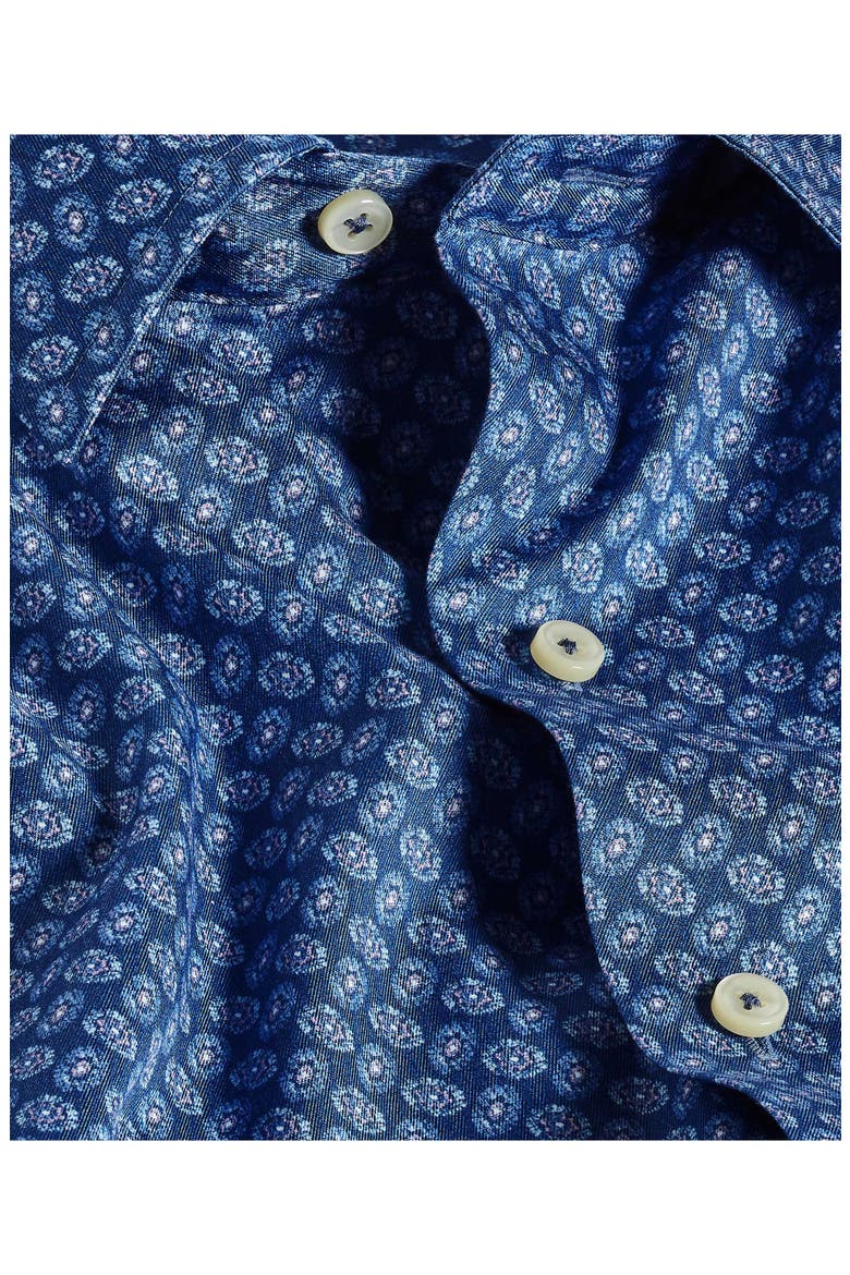 Neat Print Short Sleeve Cotton Button-Up Shirt, Alternate, color, NAVY